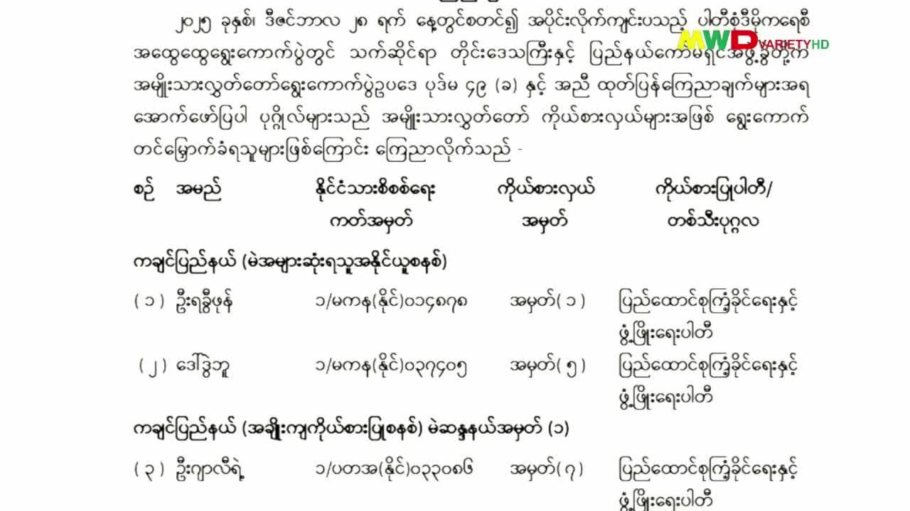 ၁၇.၁.၂၀၂၆ ရက်နေ့ မြဝတီရုပ်မြင်သံကြား ပြည်တွင်းသတင်း ည(၈)နာရီ